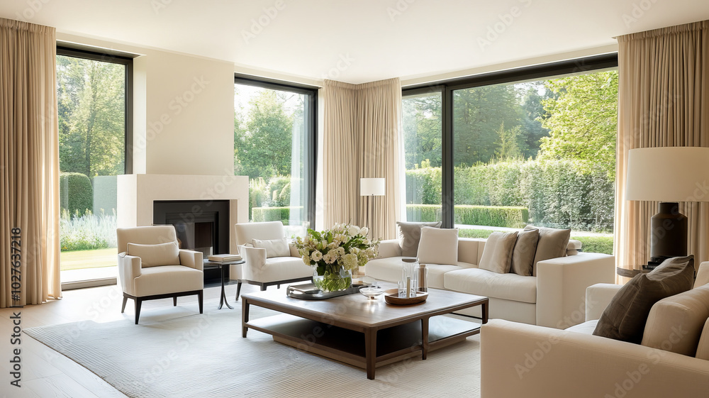 Fototapeta premium A modern living room featuring large windows, elegant furniture, and cozy atmosphere. space is adorned with soft curtains, stylish coffee table, and beautiful floral arrangement, creating serene and i