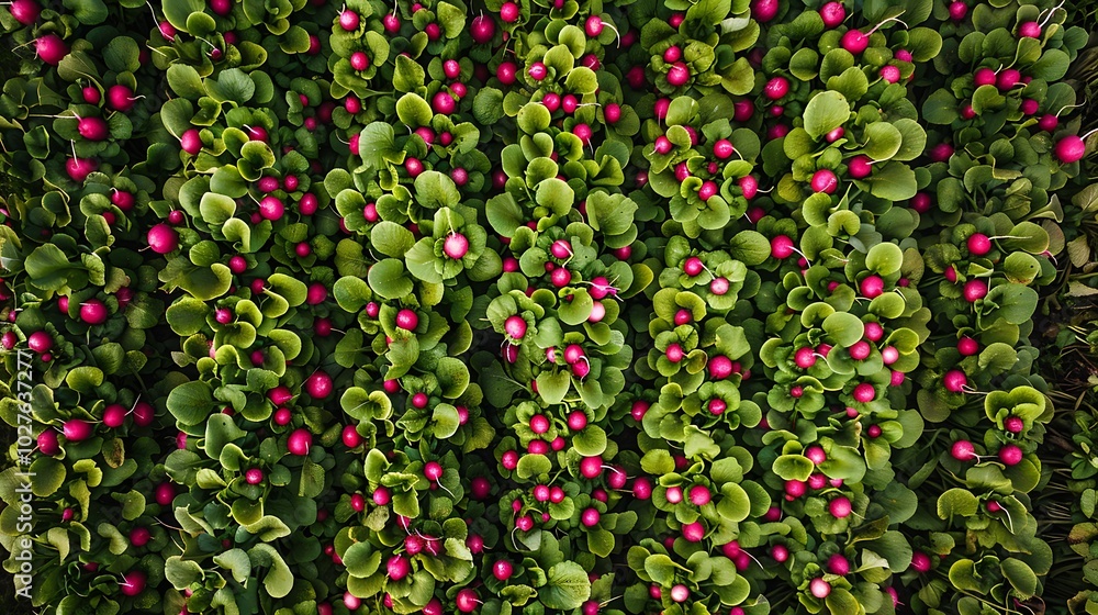 Obraz premium Drone shot of a massive radish field with green tops and red radishes creating a colorful, segmented pattern