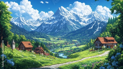 Wallpaper Mural Pixel art game asset of a quaint cottage nestled at the foot of a towering snow-capped mountain range overlooking a serene valley filled with lush greenery and a winding river Torontodigital.ca