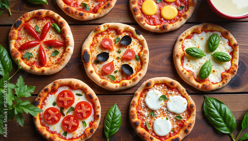 Variety of mini pizzas with colorful toppings on wooden table Variety of mini pizzas with colorful toppings on wooden table