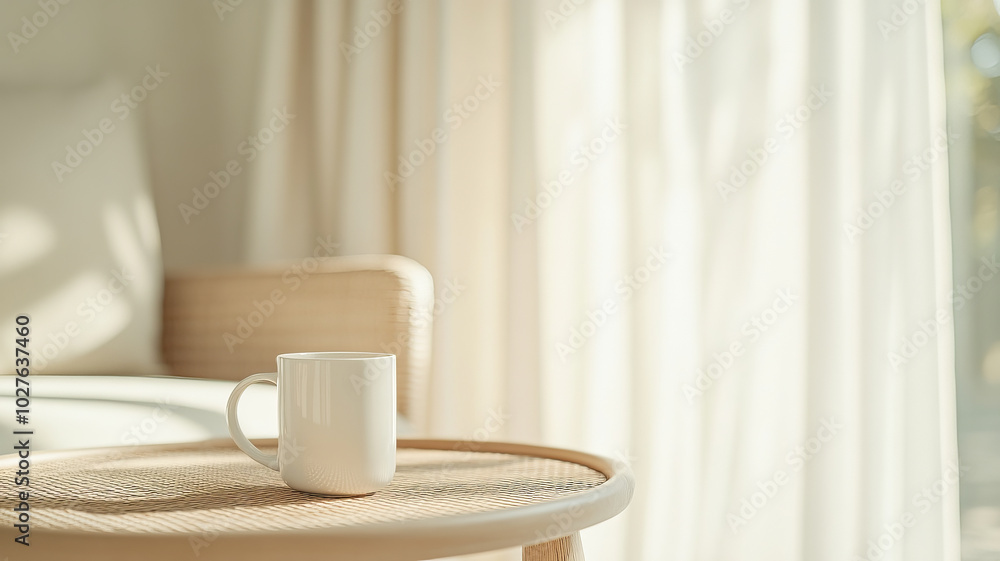 A serene scene featuring white coffee mug on round wooden table, bathed in soft natural light from nearby window. atmosphere is calm and inviting, perfect for relaxation A serene scene featuring white coffee mug on round wooden table, bathed in soft natural light from nearby window. atmosphere is calm and inviting, perfect for relaxation