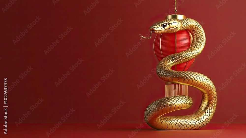 Obraz premium Golden Snake Wrapped Around Red Chinese Lantern