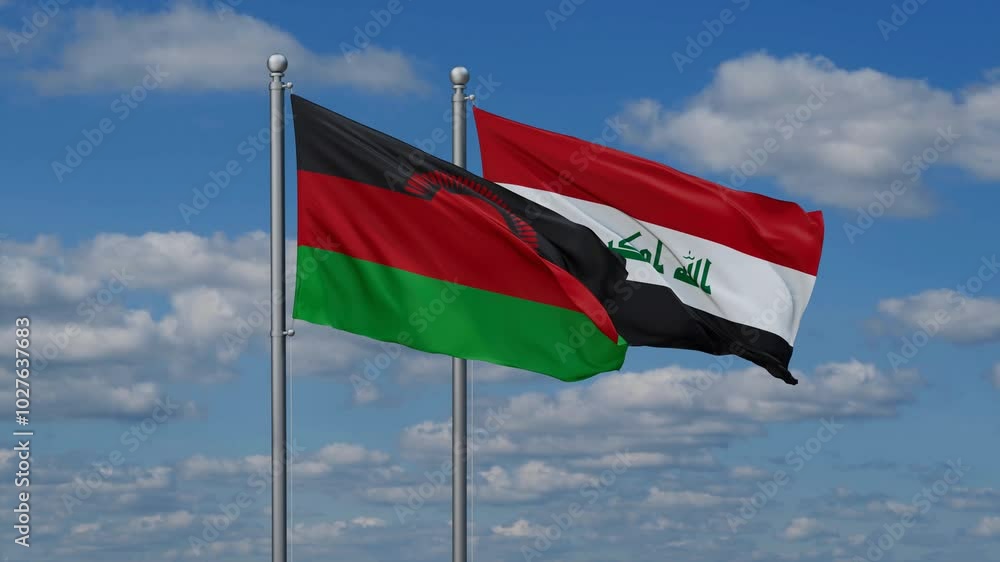 Iraq and Malawi two flags waving together on blue , video concept of the relationship Iraq and Malawi two flags waving together on blue , video concept of the relationship