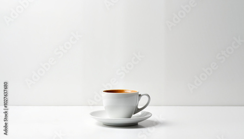 White coffee cup on saucer against minimalist background