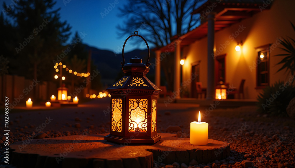 Inviting evening scene, warm atmosphere, decorative lanterns and candles illuminating a pathway Inviting evening scene, warm atmosphere, decorative lanterns and candles illuminating a pathway