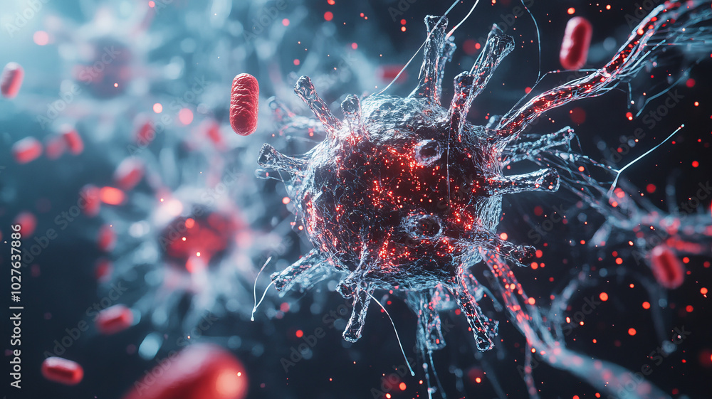 A detailed visualization of virus, showcasing its intricate structure and surrounding particles. image captures complexity of viral elements, emphasizing scientific exploration of microorganisms A detailed visualization of virus, showcasing its intricate structure and surrounding particles. image captures complexity of viral elements, emphasizing scientific exploration of microorganisms