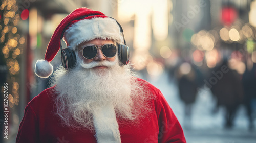 Santa Claus wearing headphones and sunglasses on a city street. Christmas celebration and modern holiday theme. Blurred background with bokeh effect.