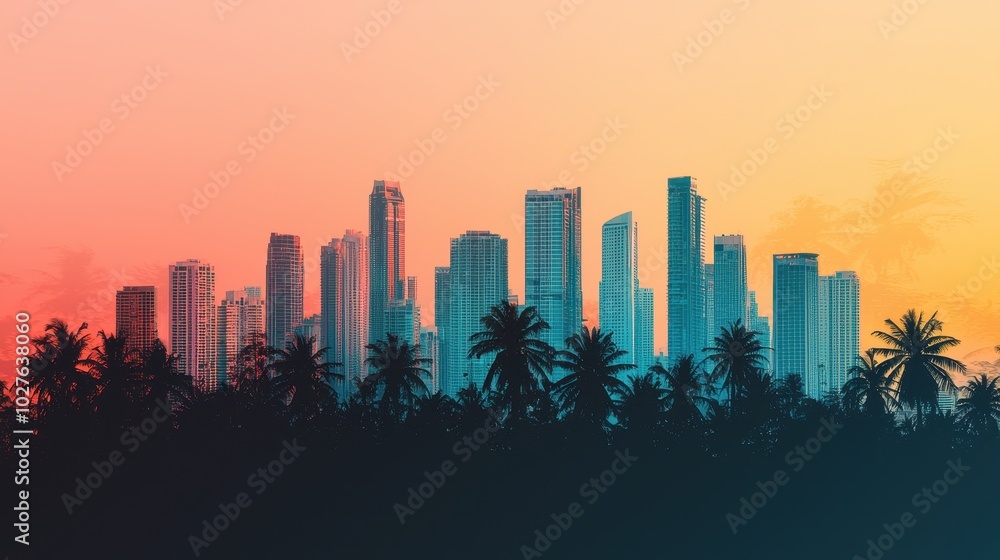 A vibrant city skyline at sunset, silhouetted against a colorful sky, with palm trees in the foreground highlighting the tropical atmosphere. A vibrant city skyline at sunset, silhouetted against a colorful sky, with palm trees in the foreground highlighting the tropical atmosphere.