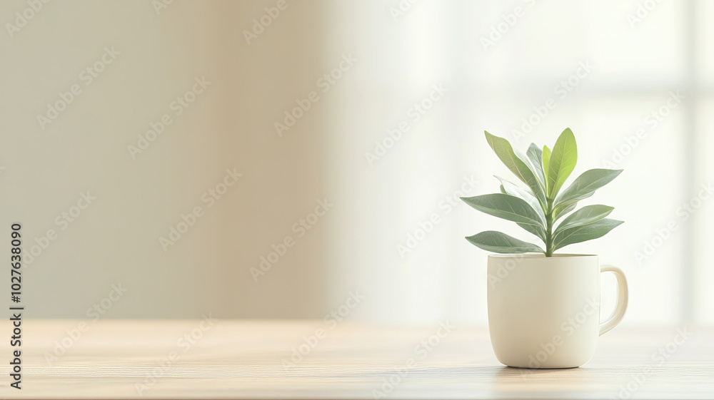 A small green plant in white ceramic pot sits on wooden table, bringing touch of nature indoors. soft light enhances serene atmosphere of space A small green plant in white ceramic pot sits on wooden table, bringing touch of nature indoors. soft light enhances serene atmosphere of space