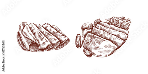 Hand-drawn monochrome vector sketch of  pork meat, ham slice, prosciutto vintage sketch. Butcher shop.
