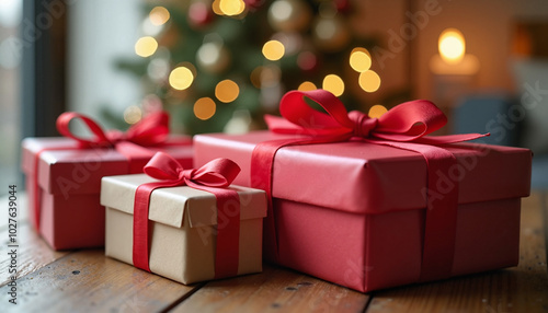 Christmas gifts with red bows against blurred tree lights photo