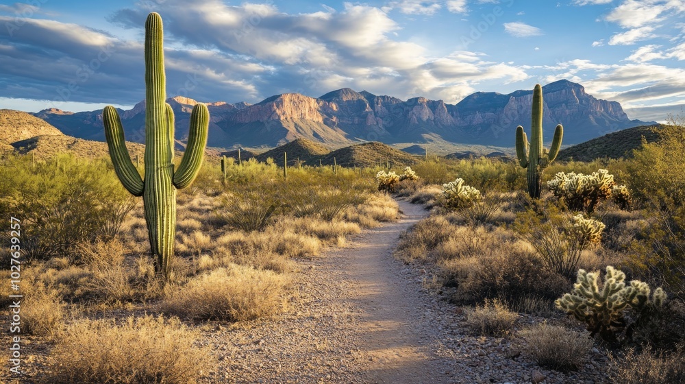 A dirt path winds through the Sonoran Desert, with majestic saguaro cacti reaching towards the sky, against a backdrop of distant mountains. A dirt path winds through the Sonoran Desert, with majestic saguaro cacti reaching towards the sky, against a backdrop of distant mountains.