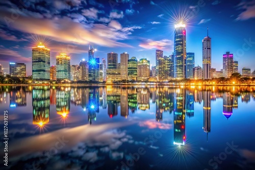 Stunning City Skyline Reflected in Water at Night - Low Light Photography