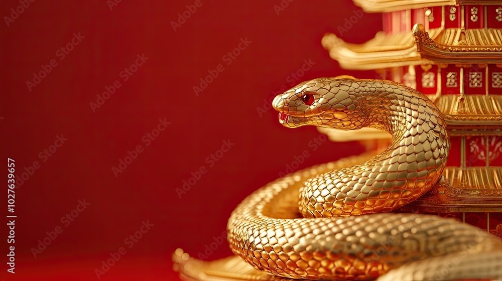 Golden Snake Coiled Around a Red and Gold Pagoda Golden Snake Coiled Around a Red and Gold Pagoda