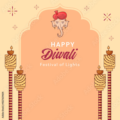 Happy Diwali festival card with gold diya patterned and crystals on paper color Background
