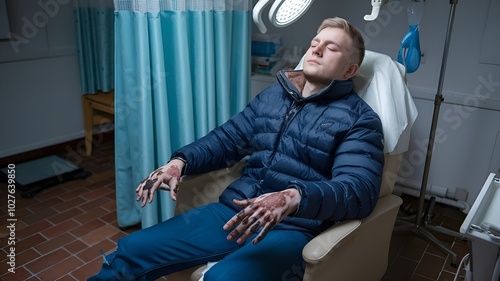 Man in hospital with frostbite hands, serious emotion, medical environment, copy space photo