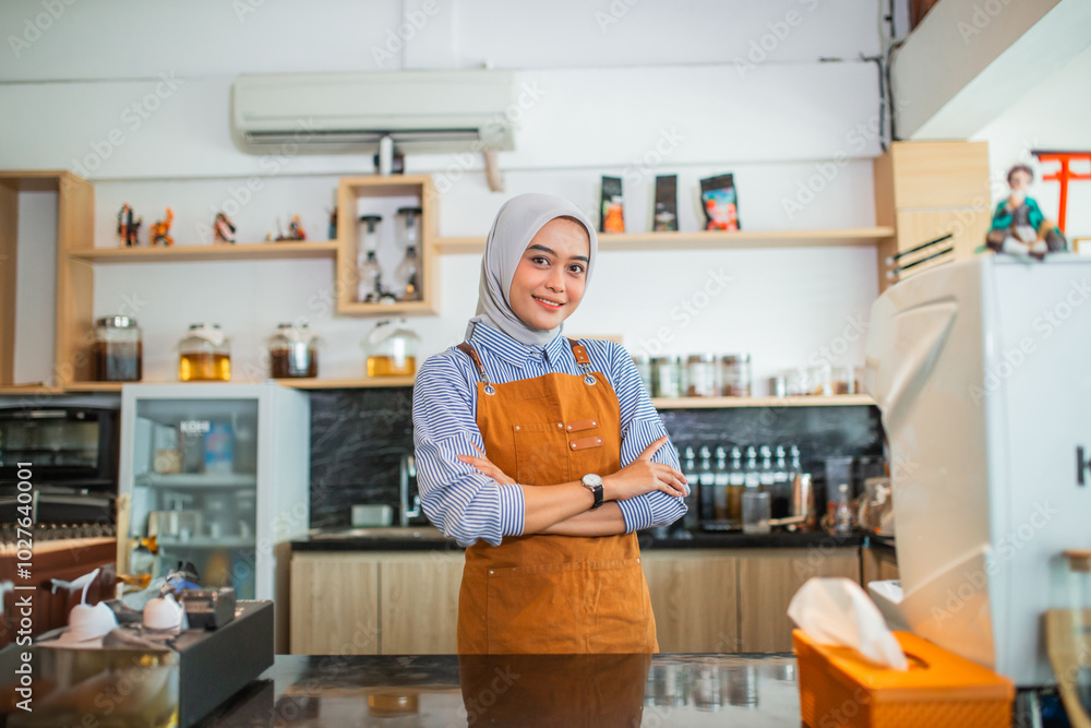 beautiful woman in hijab cafe owner wearing apron standing in coffee cafe beautiful woman in hijab cafe owner wearing apron standing in coffee cafe