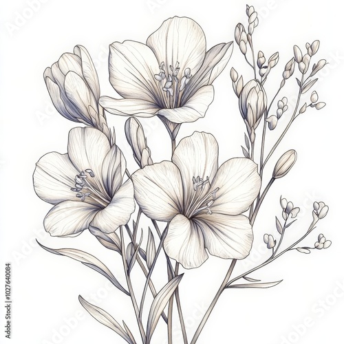 Freesia ink and pencil line drawing flower, isolated on white background