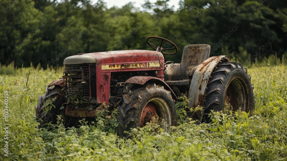 A broken-down tractor sitting idle in a field with weeds growing around it. A broken-down tractor sitting idle in a field with weeds growing around it.