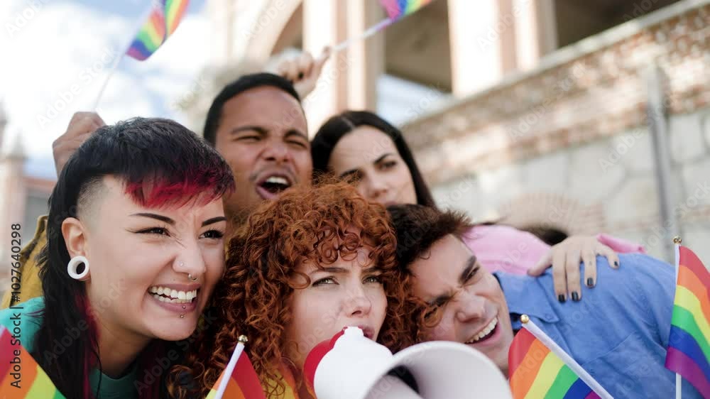 Gay people celebrating pride festival party with rainbow flags together ...