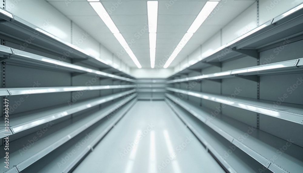 Empty supermarket shelves with bright fluorescent lighting Empty supermarket shelves with bright fluorescent lighting