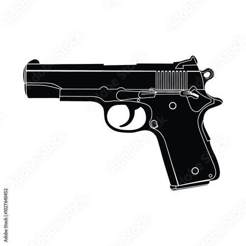 Realistic Handgun Silhouette Vector Illustration Featuring Detailed Design Elements for Firearm Graphics and Promotional Materials