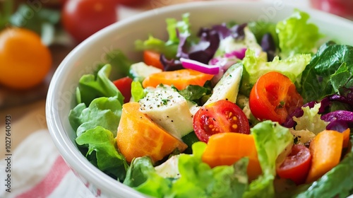 Salad food served in a bowl placed on a table