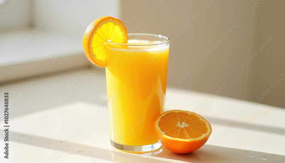 Fresh orange juice glass with fruit slice on sunny windowsill Fresh orange juice glass with fruit slice on sunny windowsill