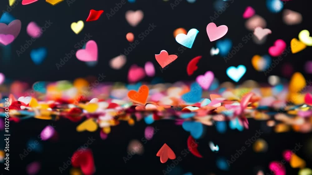 Colorful paper hearts falling down on a black background with reflection. Perfect image for valentine's day, love, romance, wedding or anniversary Colorful paper hearts falling down on a black background with reflection. Perfect image for valentine's day, love, romance, wedding or anniversary