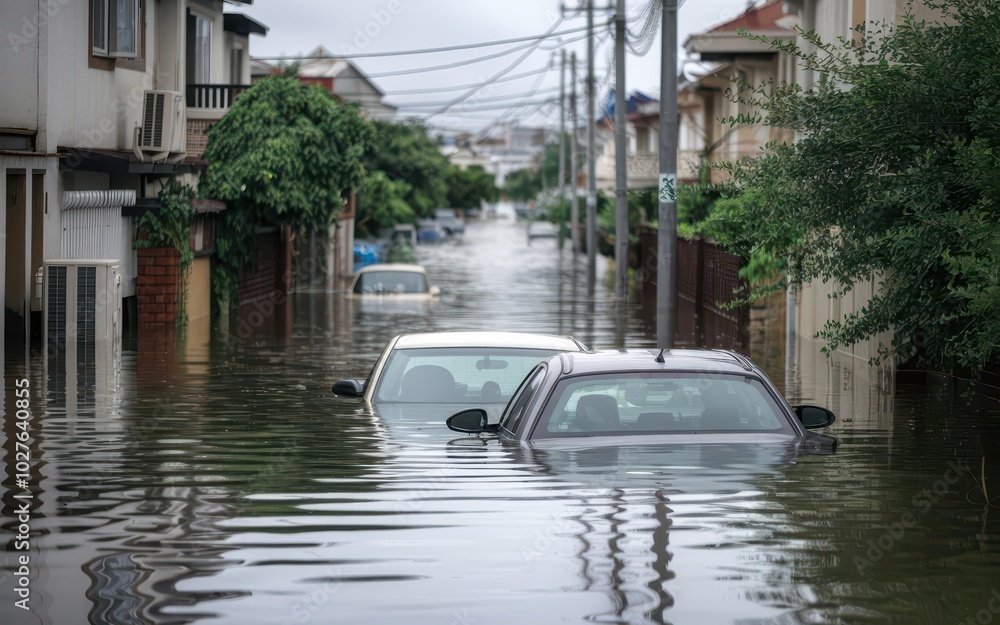 severe flooding, flooded street with cars. Natural disasters. Flooding severe flooding, flooded street with cars. Natural disasters. Flooding