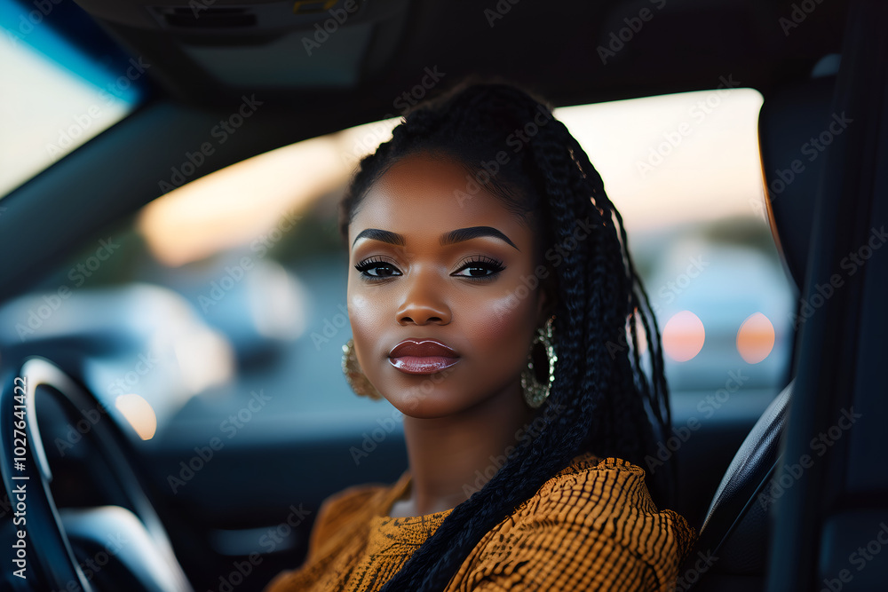 portrait of young beautiful african american woman car driver sitting in her car with serious/worried face expression portrait of young beautiful african american woman car driver sitting in her car with serious/worried face expression