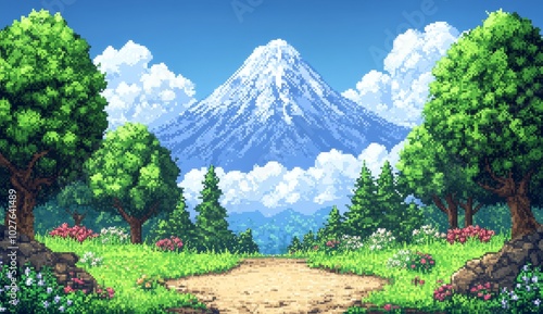 Pixel art game asset path leading to a snowy mountain peak framed by trees and flowers . photo