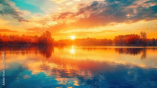 The sky is painted with vibrant colors as the sun sets, creating a beautiful reflection on the tranquil water. Generative AI