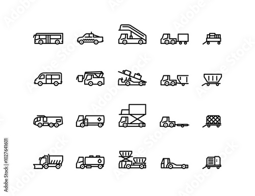 Airport Airside Vehicles Icons: Vector Set of Mobile Stairs, Baggage Carts, Pushback Tug, Belt Loader, Cargo Loader, Passenger Bus and more