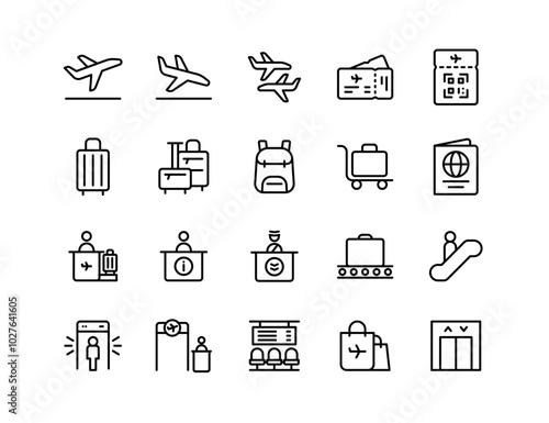 Airport Travel Icons: Vector Set of Flight, Luggage, Security, and Boarding Symbols for Travel, Airline Apps, and Website Design