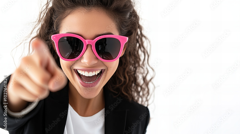 Joyful woman in pink sunglasses playfully pointing while smiling against a bright white background Joyful woman in pink sunglasses playfully pointing while smiling against a bright white background