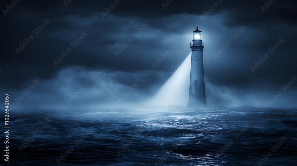 31. A spooky lighthouse shining its beam over the ocean 31. A spooky lighthouse shining its beam over the ocean