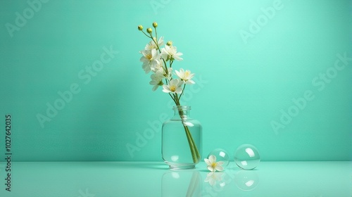 Wallpaper Mural Clear Glass Vase With Delicate White Flowers on a Teal Background Torontodigital.ca