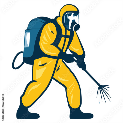 simple logo of a man in a bioprotecchio suit with a manual fumigation sprinkler for a pest extermination company, on a white background