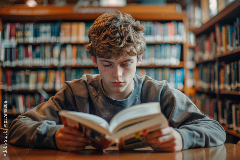 Caucasian Male Student Reading Book in University Library Caucasian Male Student Reading Book in University Library