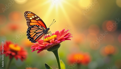 Monarch butterfly resting on vibrant red daisy in sunlight