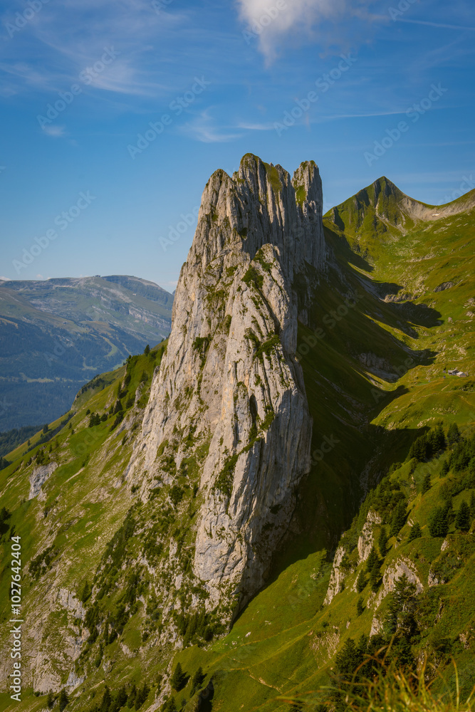 Obraz premium Aerial shot of the Chruzberg summit ridge, also known as Kreuzberg, located in the Swiss canton of St. Gallen on the eastern edge of the Alpstein. Mountain called Saxer Lucke