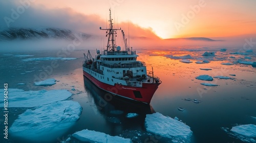 Top view down Research Vessel Near Glacier in Icy Waters