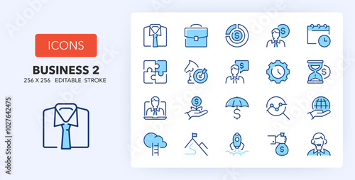 Line icons about business people and corporate management. Contains such icons as startup, goal, strategy and more. 256x256 Pixel Perfect editable in two colors. Set 2 of 2