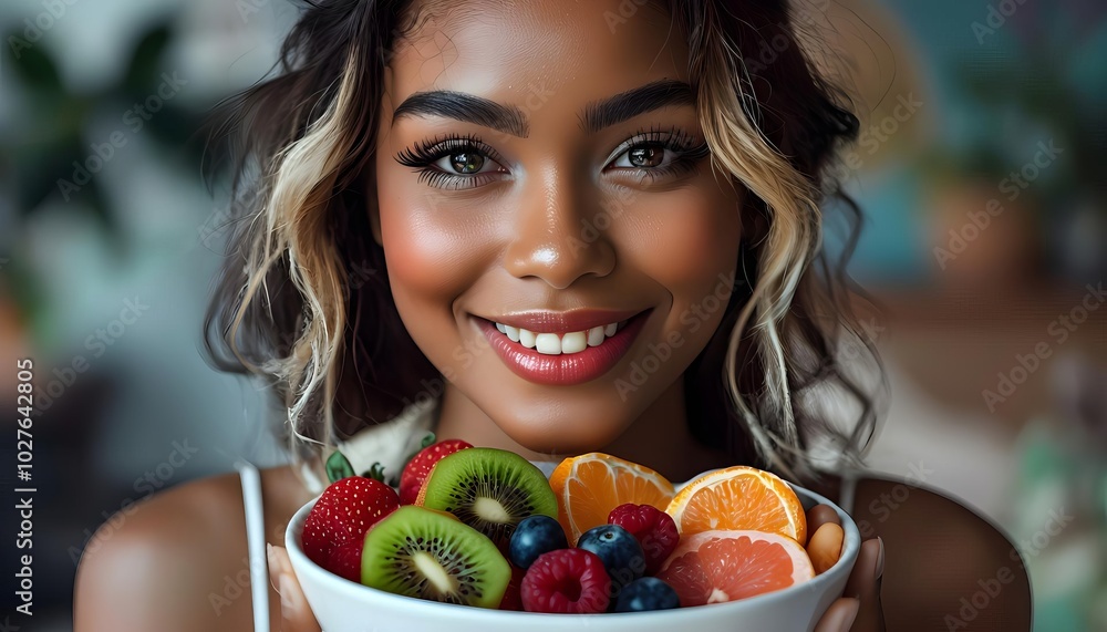 Smiling woman with vibrant fruit bowl against blurred background, wellness advertisement Smiling woman with vibrant fruit bowl against blurred background, wellness advertisement