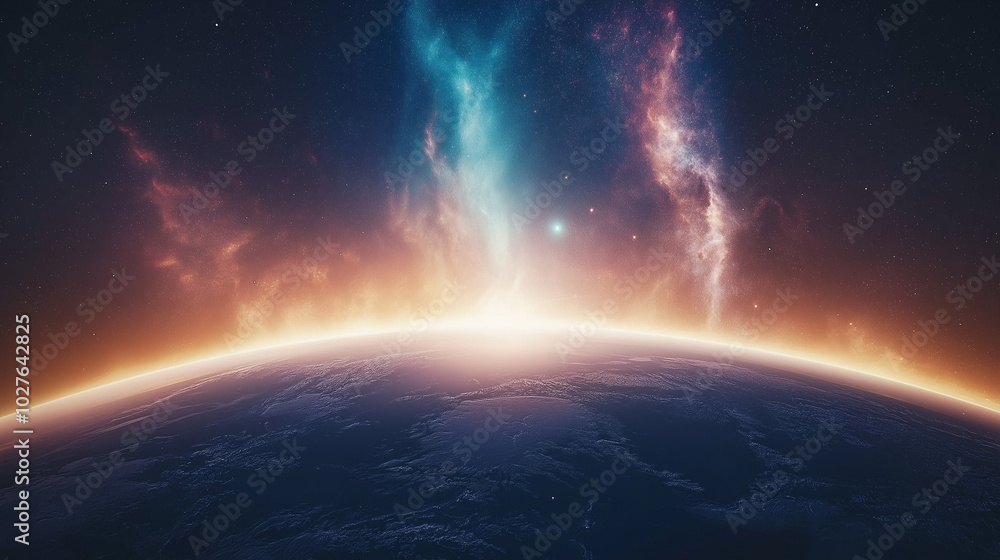 Obraz premium Solar storm approaching Earth, charged particles hitting the magnetic field, glowing auroras