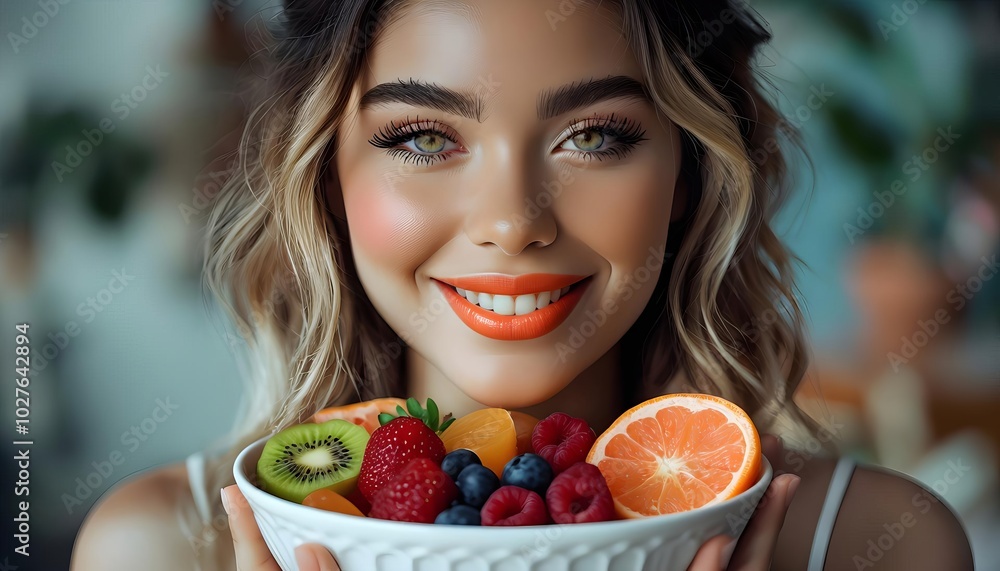 Smiling woman with vibrant makeup holding fruit bowl, colorful health advertisement Smiling woman with vibrant makeup holding fruit bowl, colorful health advertisement