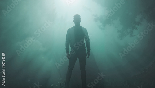 Silhouette standing in misty green fog