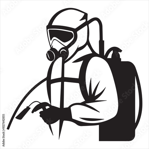 simple logo of a man in a bioprotecchio suit with a manual fumigation sprinkler for a pest extermination company, on a white background