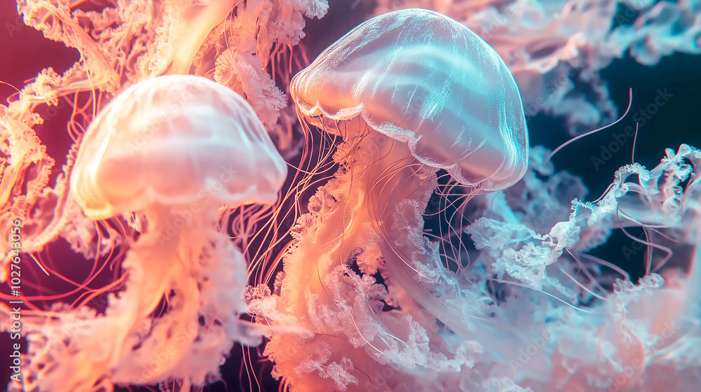 Obraz premium A holographic jellyfish, with tentacles flowing gracefully and shifting colors.